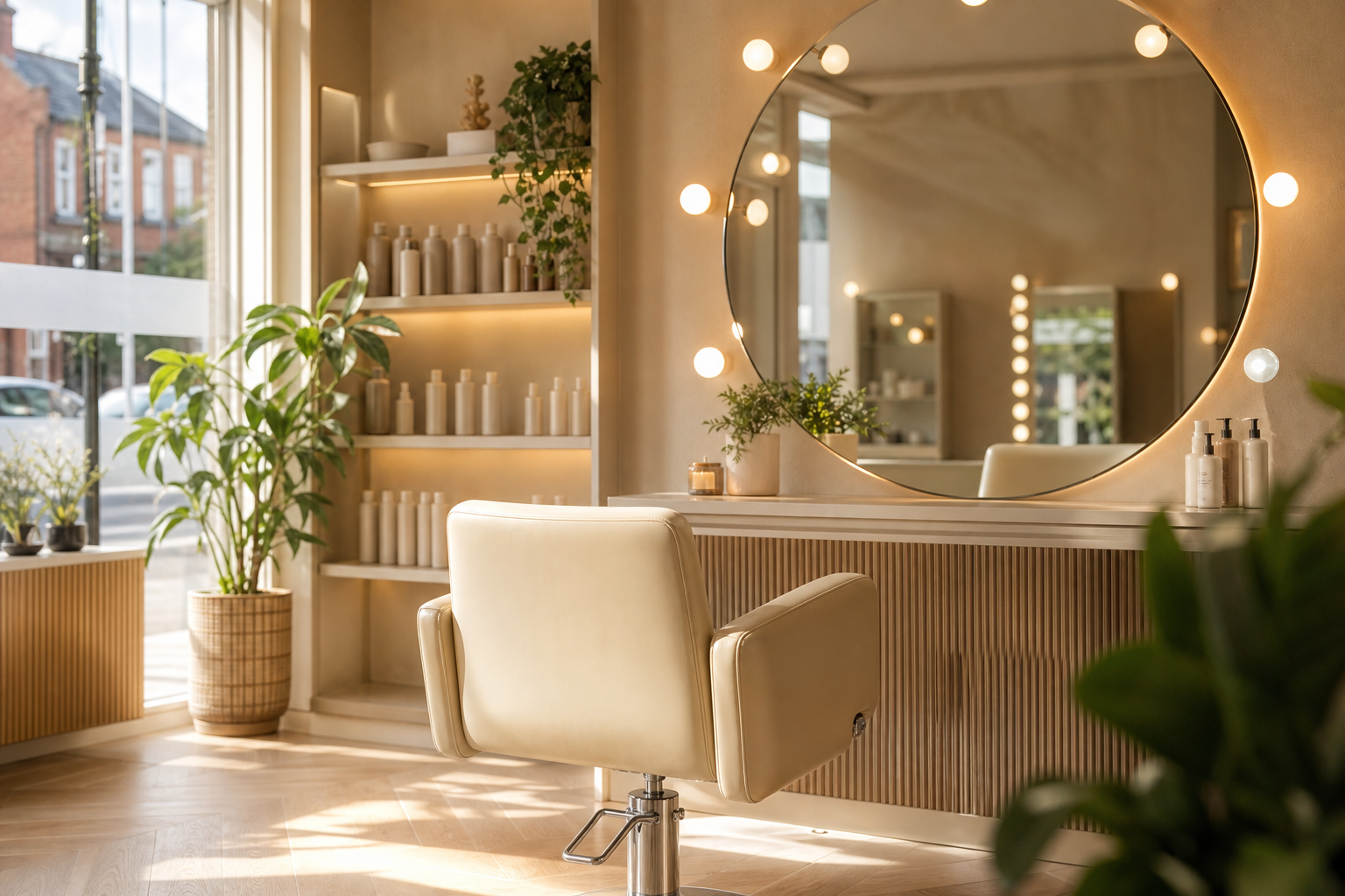 Warm salon interior with mirror light and cream salon chair