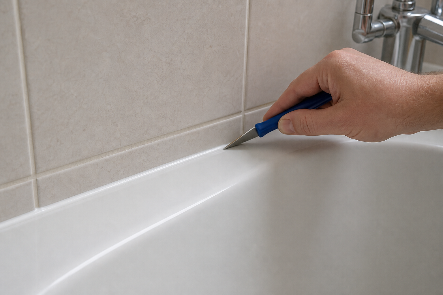 Close-up of a neat bath resealing repair