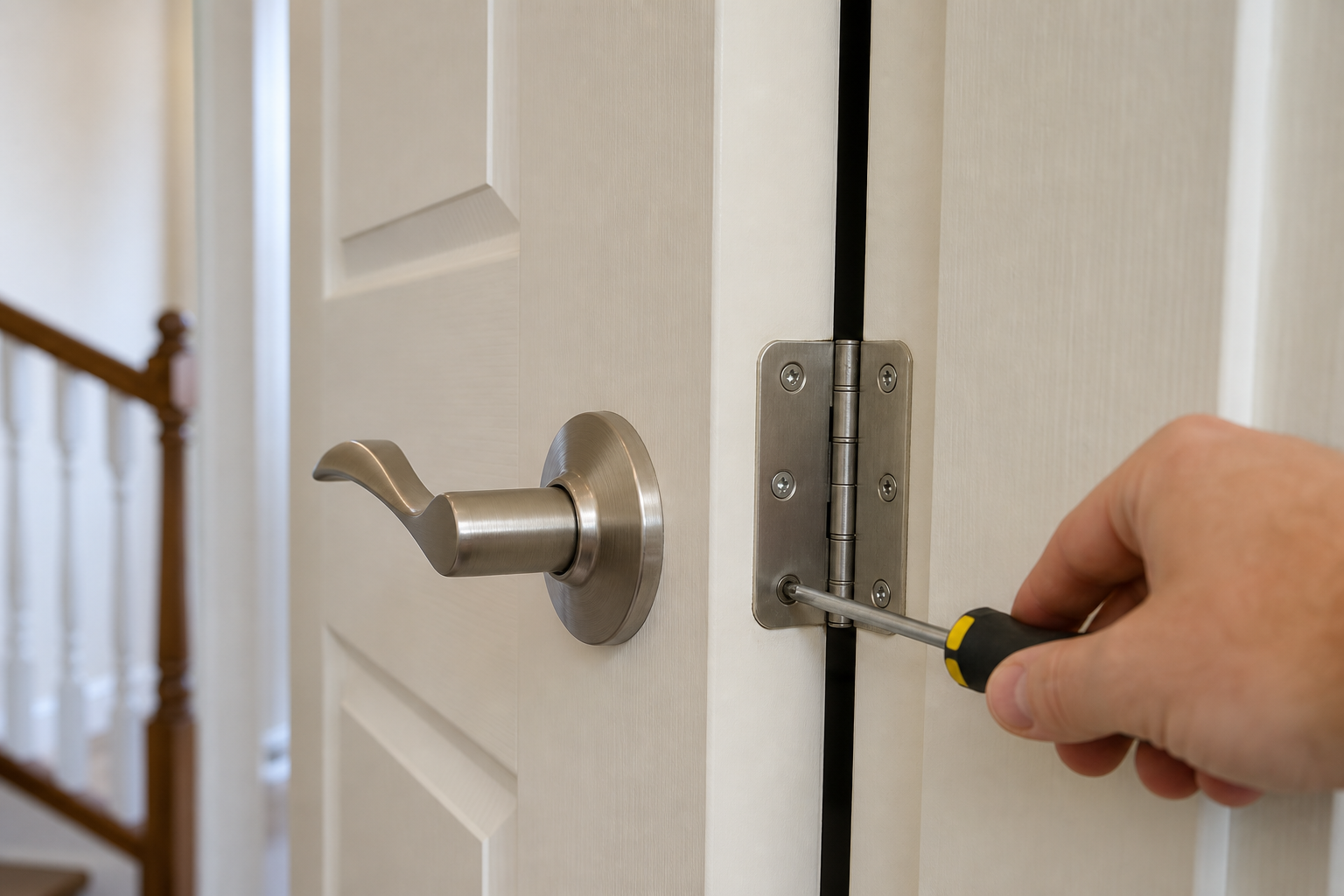 Door hinge and handle adjustment in a tidy hallway