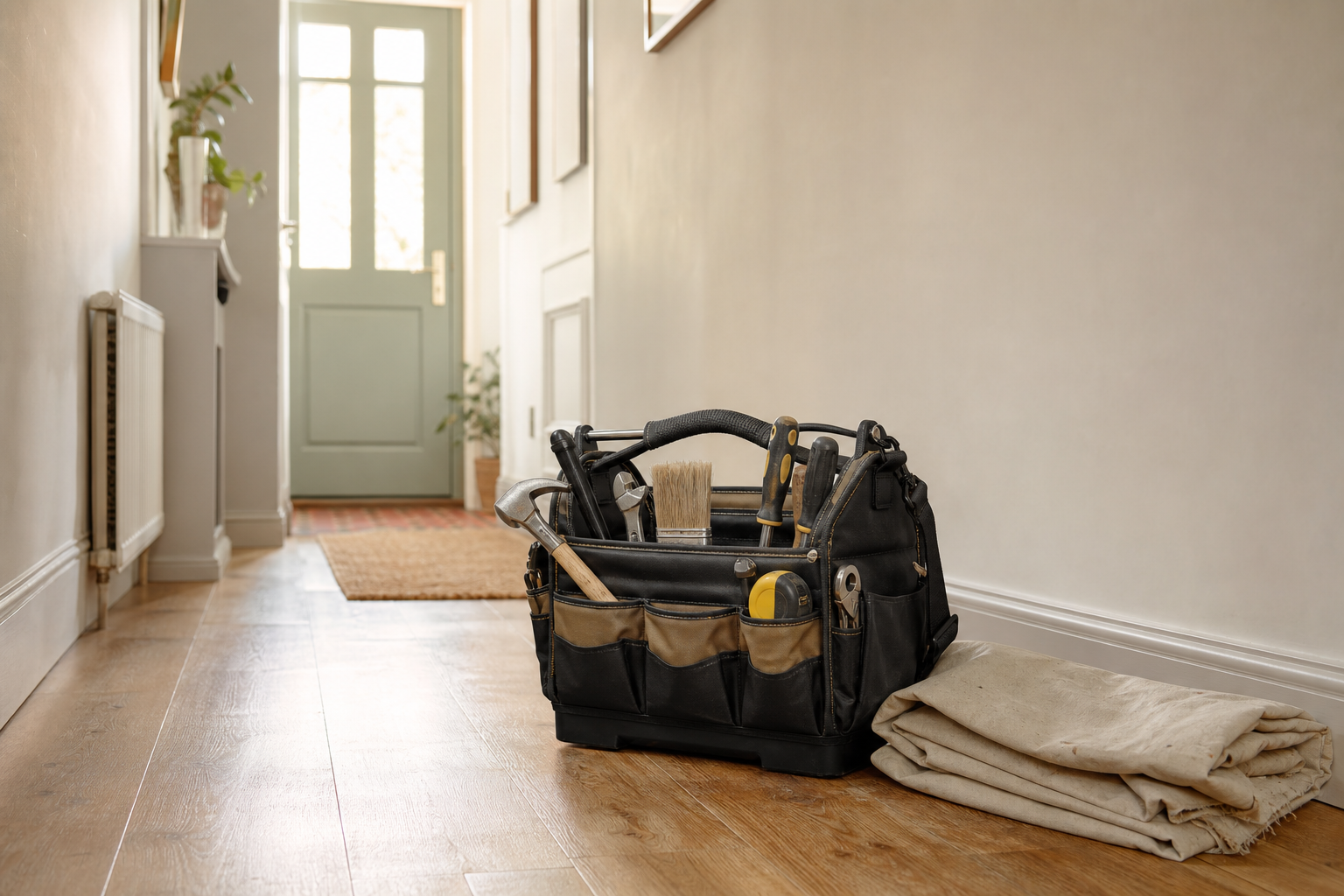 Tidy handyman tool bag and dust sheet in a warm hallway