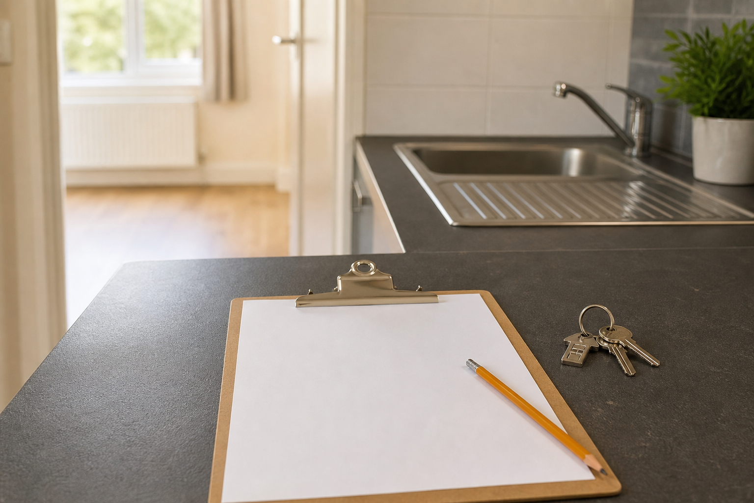 Blank landlord maintenance clipboard and keys on a kitchen counter