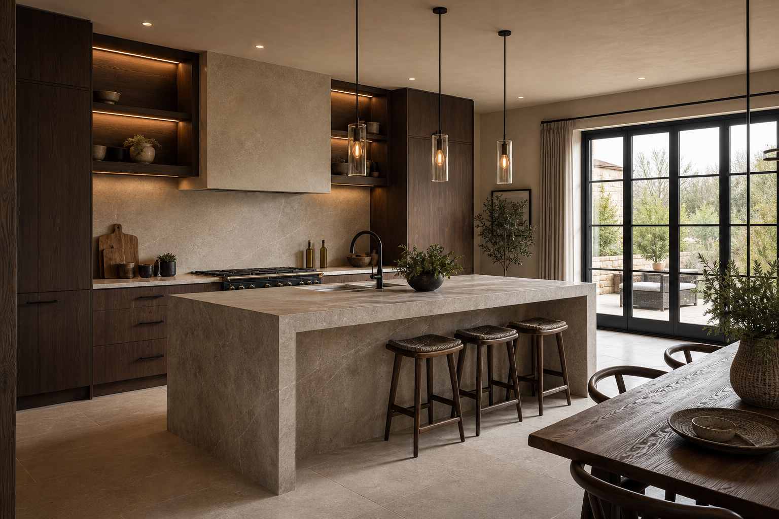 Finished smoked-oak and limestone kitchen with island and warm cabinet lighting