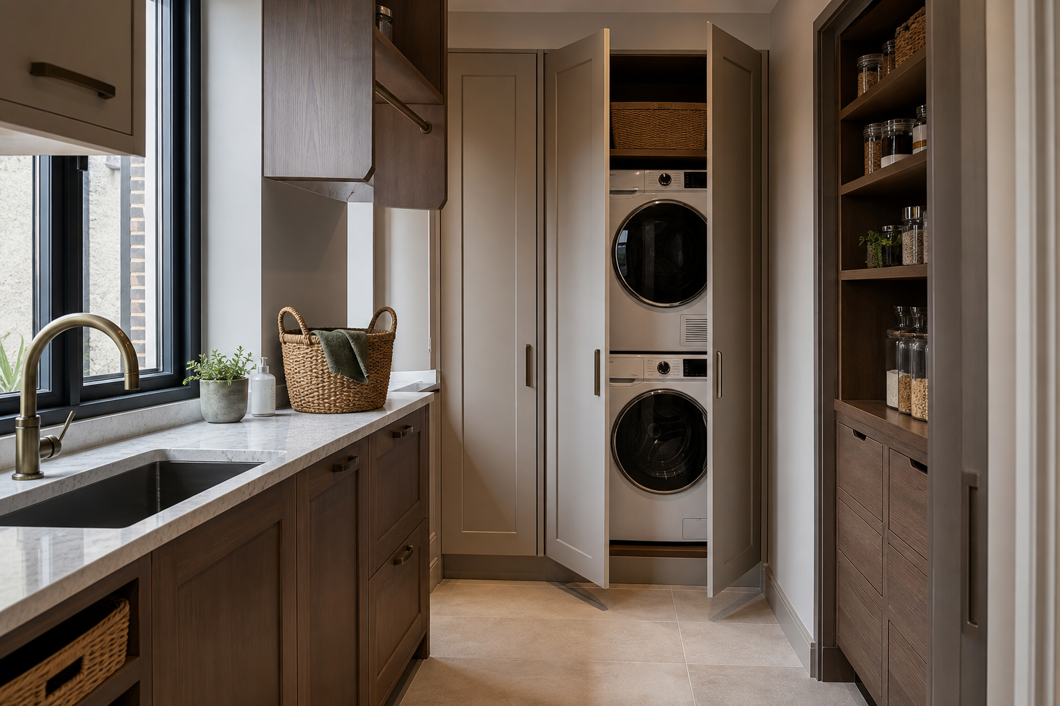 Practical fitted utility and pantry storage in warm neutral cabinetry