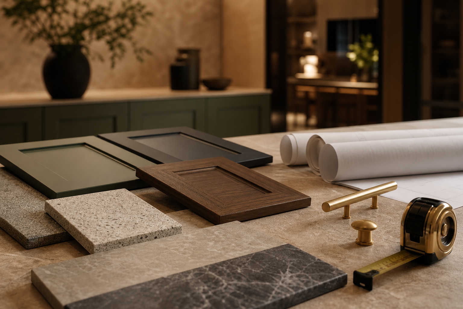 Kitchen material samples, cabinet doors, handles and blank plans on a consultation table