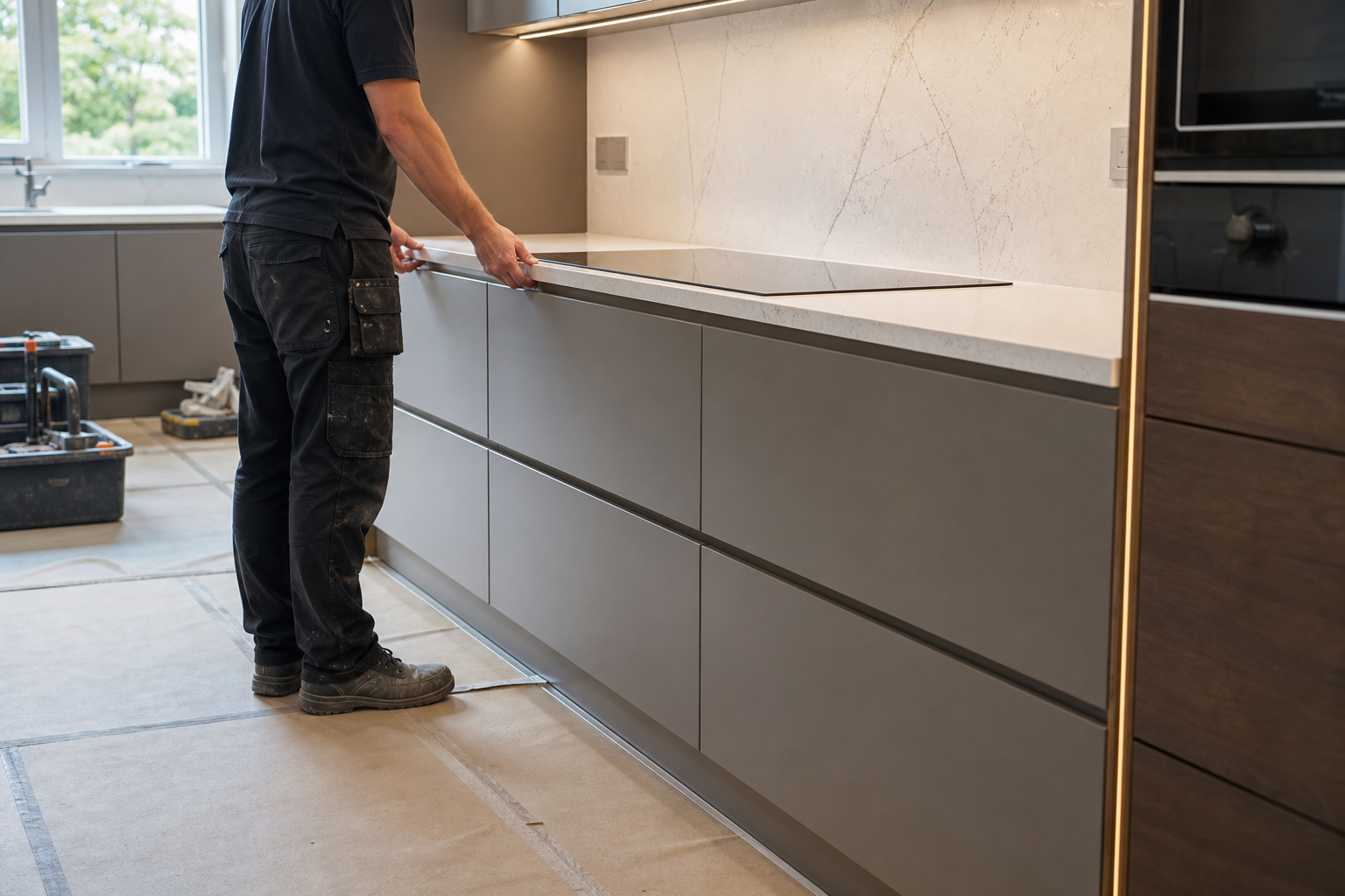 Careful kitchen installation scene with protected floor and organised fitting area