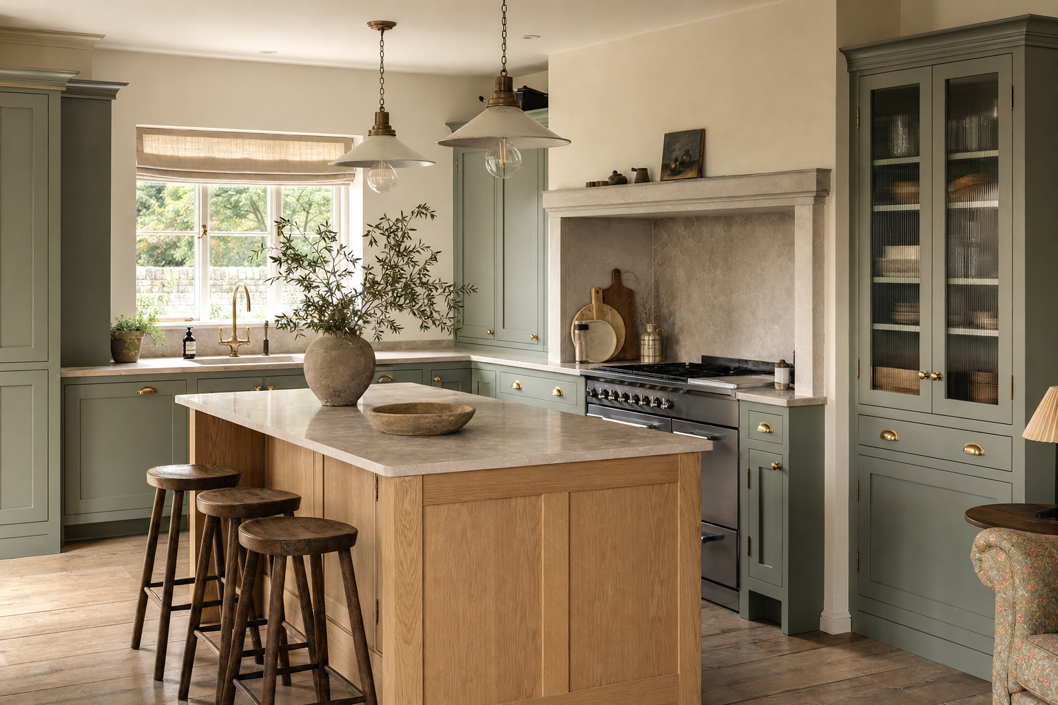 Warm sage and oak fitted kitchen used as fictional demo imagery