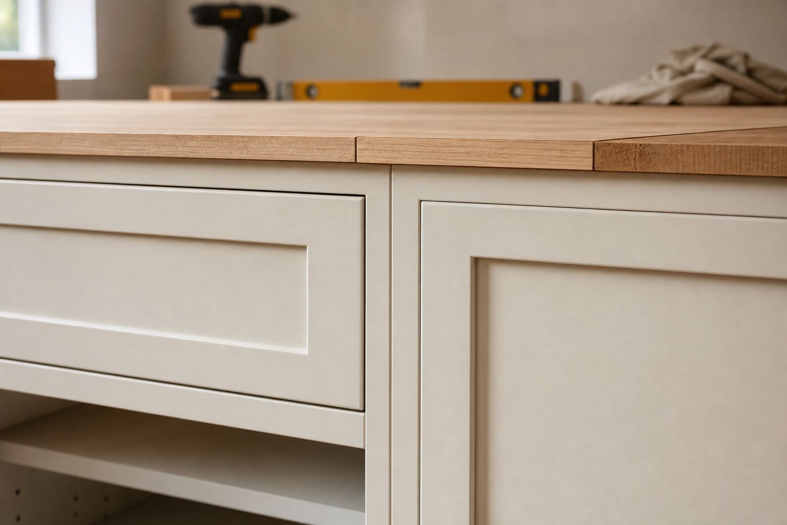 Aligned kitchen cabinet installation detail