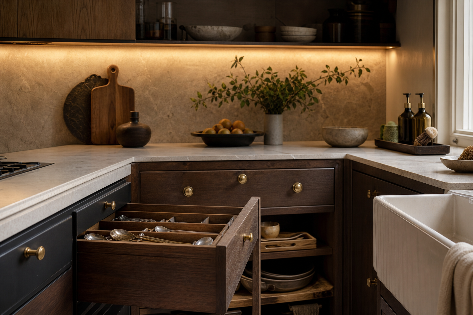 Kitchen worktop lighting and storage detail
