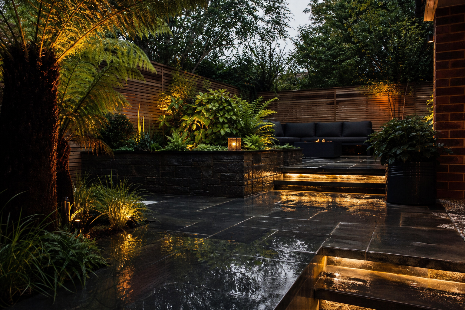 Cheshire outdoor room with wet slate terrace, raised planting and privacy screening