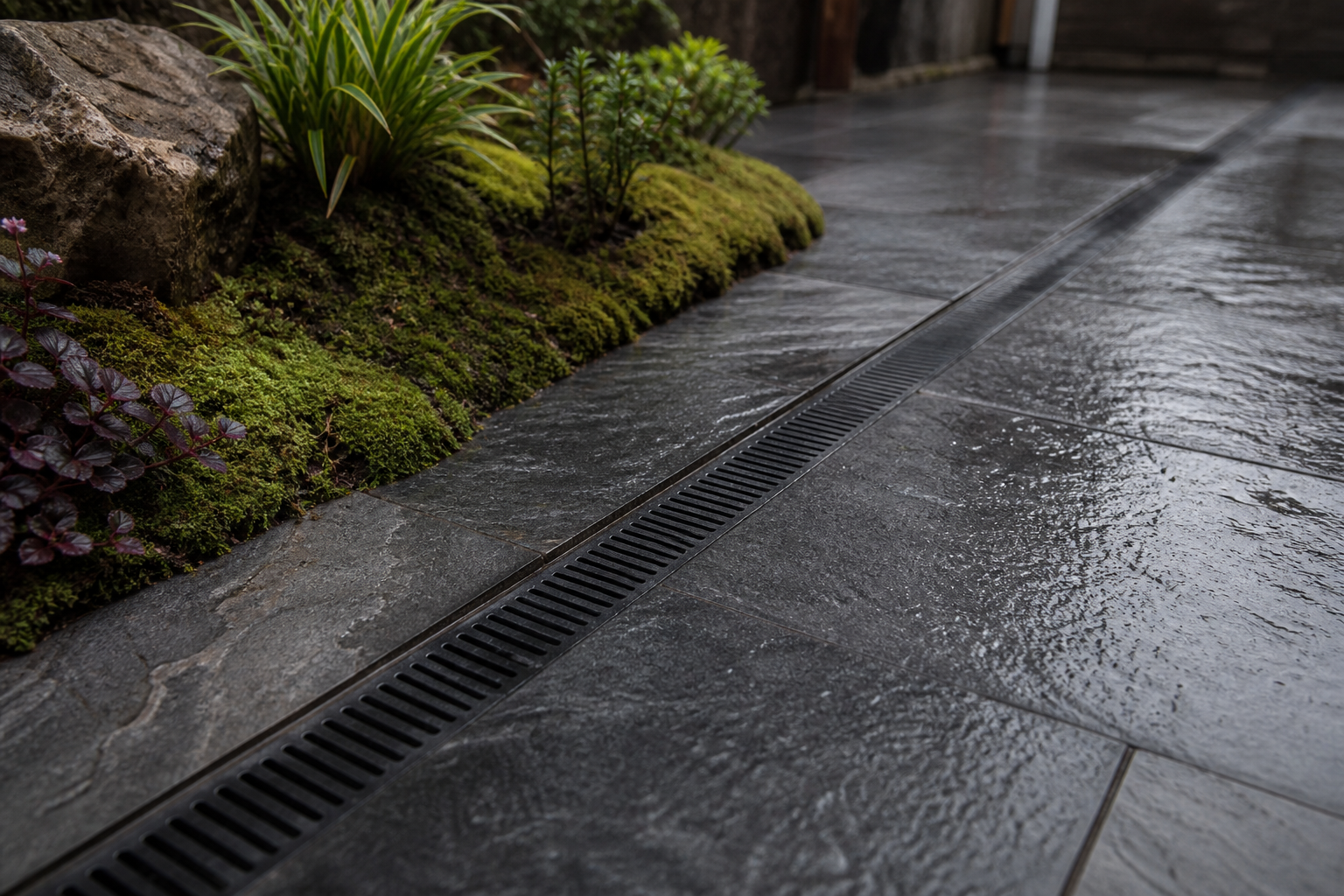 Wet patio drainage channel and moss planting detail for a low-maintenance garden