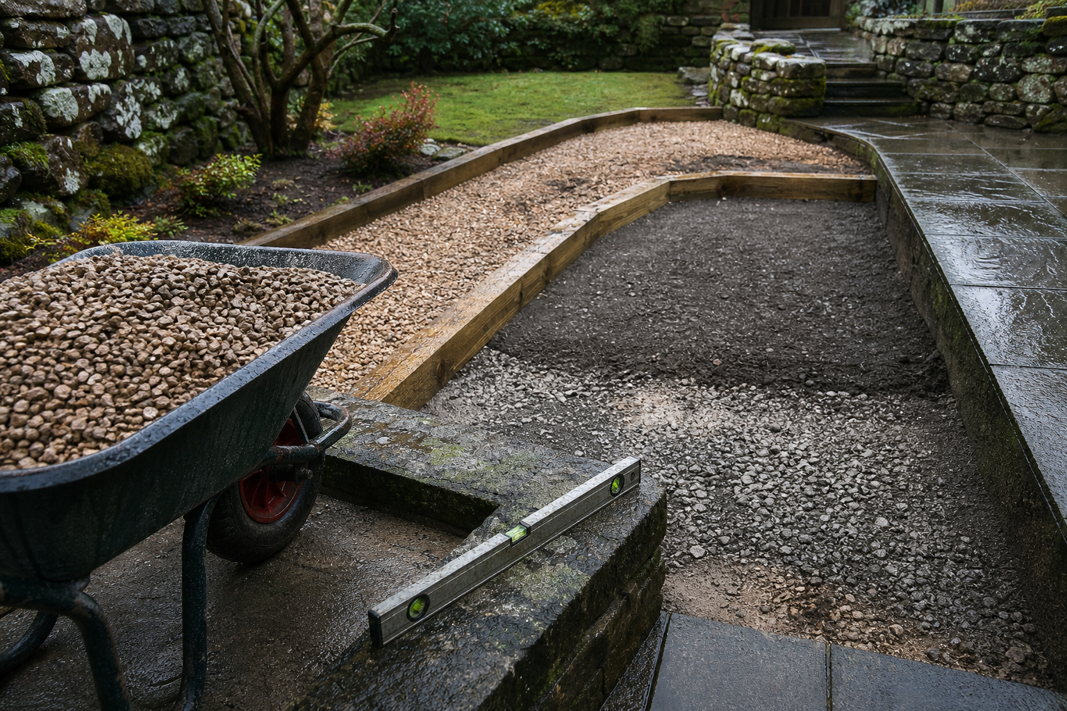 Drainage and levels groundworks with gravel, sub-base and spirit level