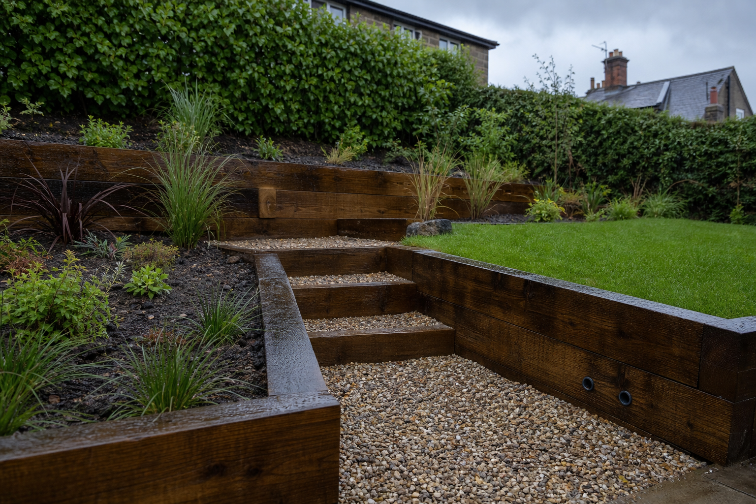 Lancashire sloped garden with sleeper levels, gravel steps and turf terrace