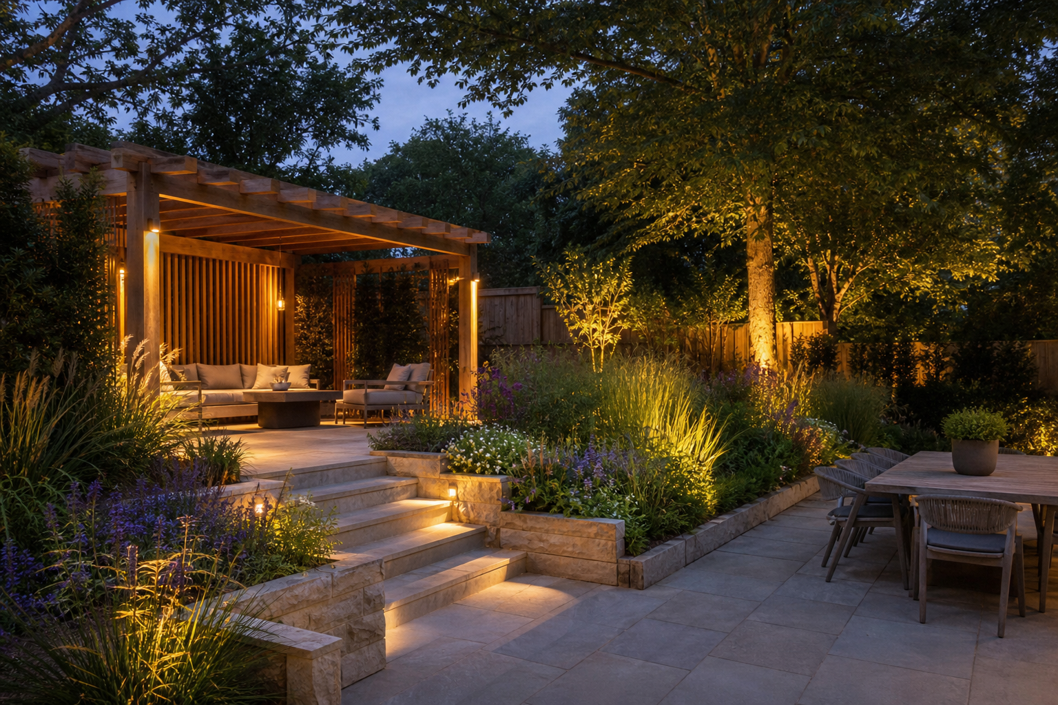Layered planting and natural stone patio in a premium South East England garden