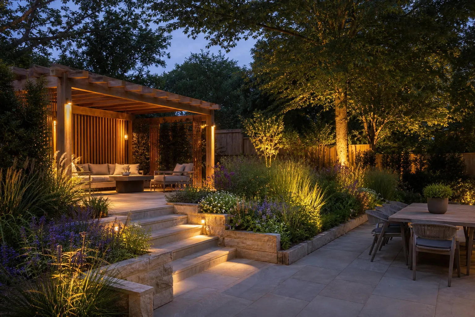Premium evening garden scene from the Cedar and Chalk Gardens landscaper demo