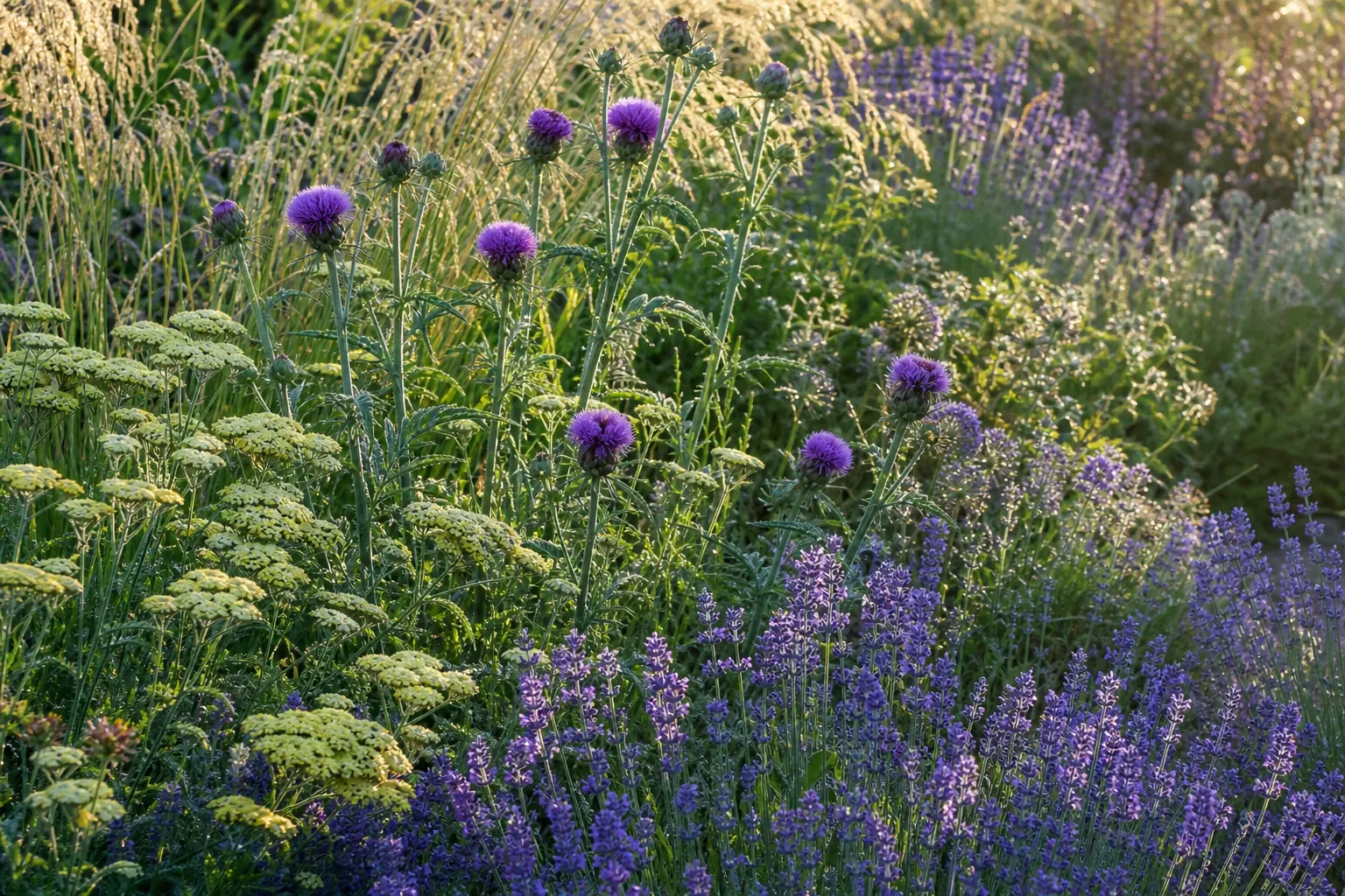 Pollinator friendly perennial planting in soft morning light