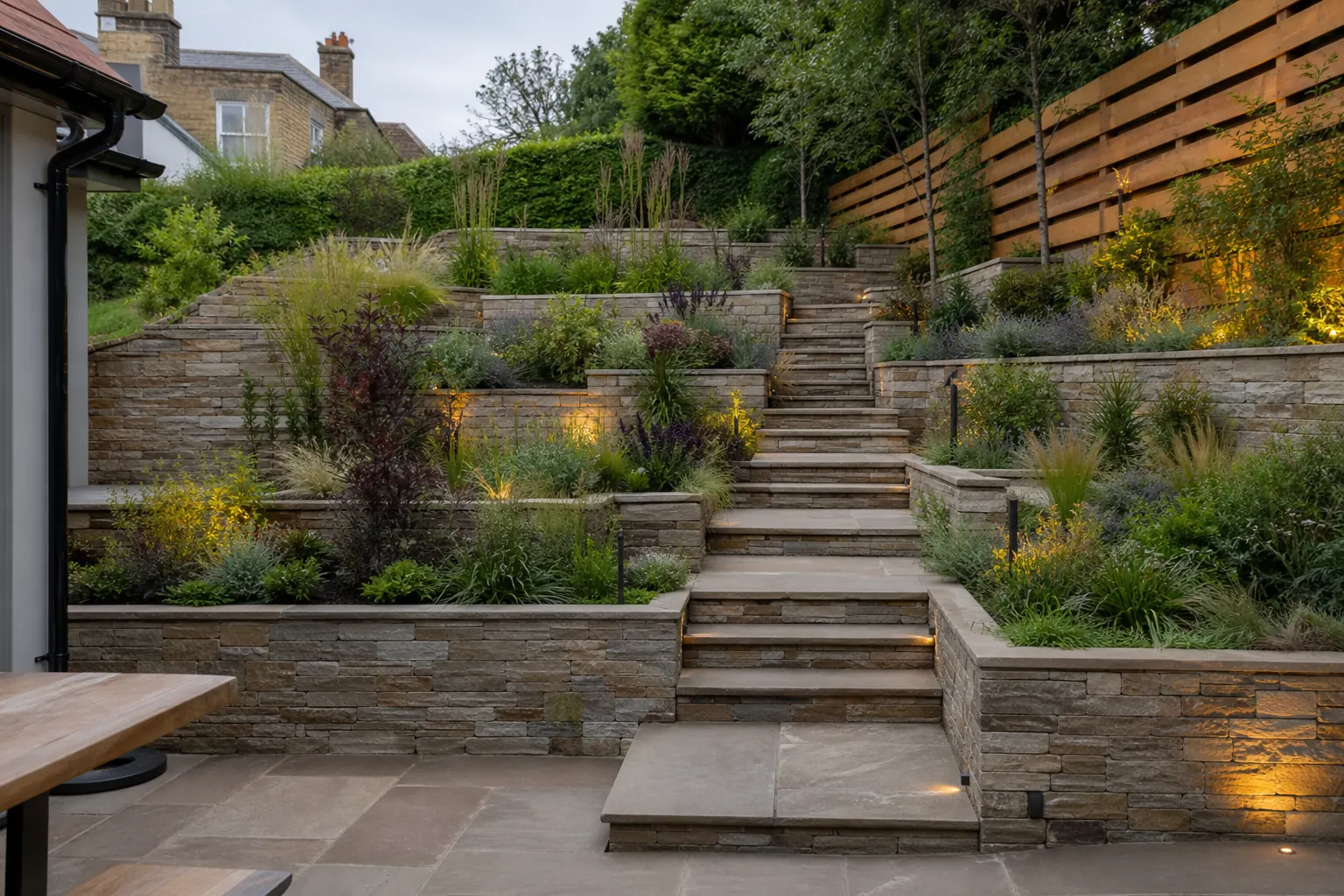 Sloped terrace garden illustrative garden design image