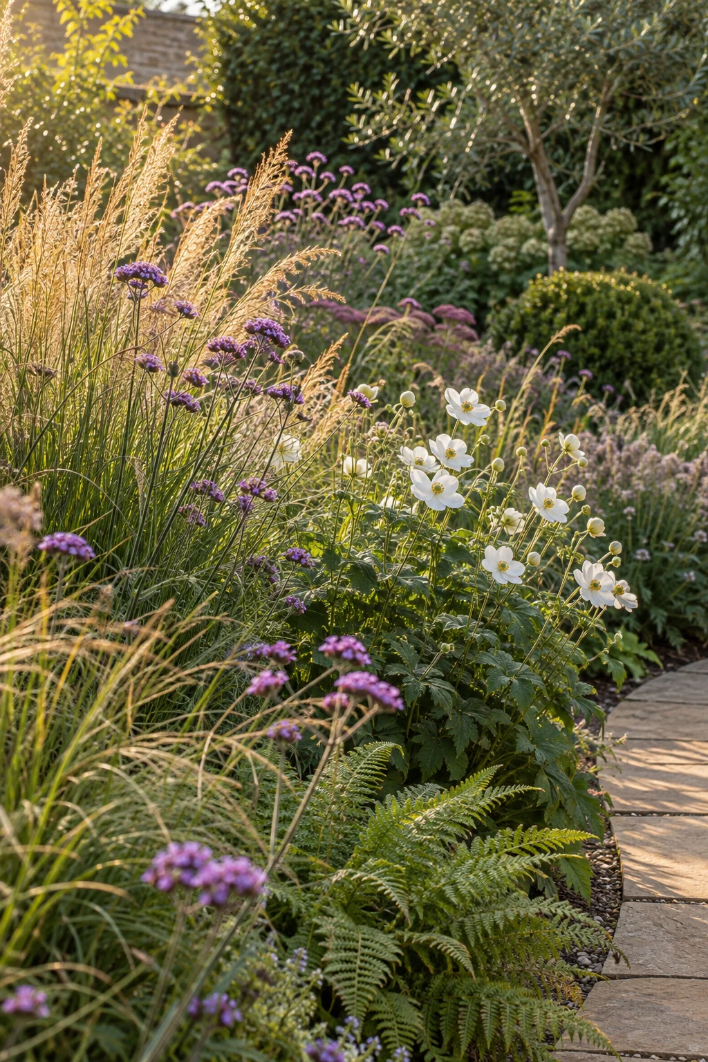 Generated planting inspiration with grasses, purple flowers and white anemones