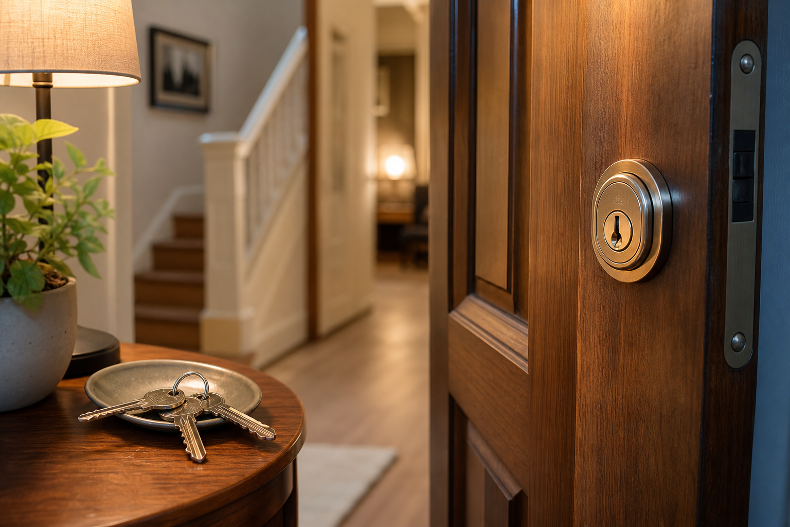 Warm hallway with newly fitted lock and keys
