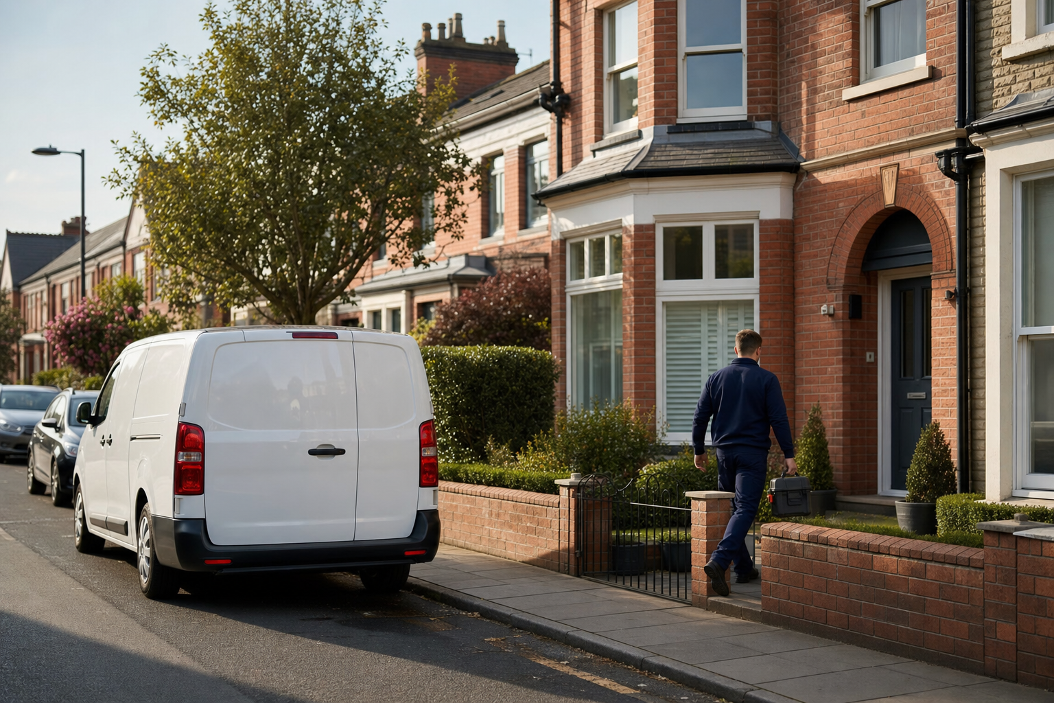 Unbranded van and locksmith arriving at a North West residential street