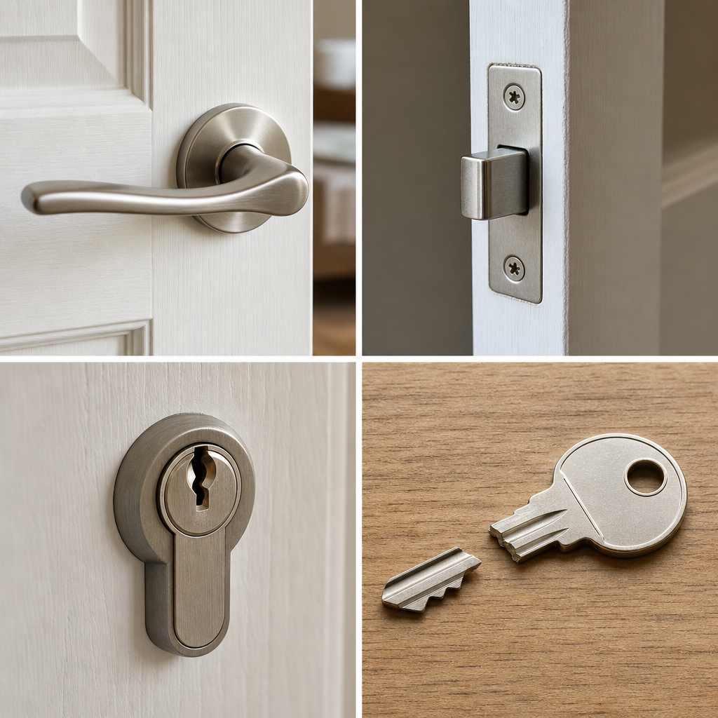 Four photo examples showing a door handle, latch edge, cylinder and snapped key