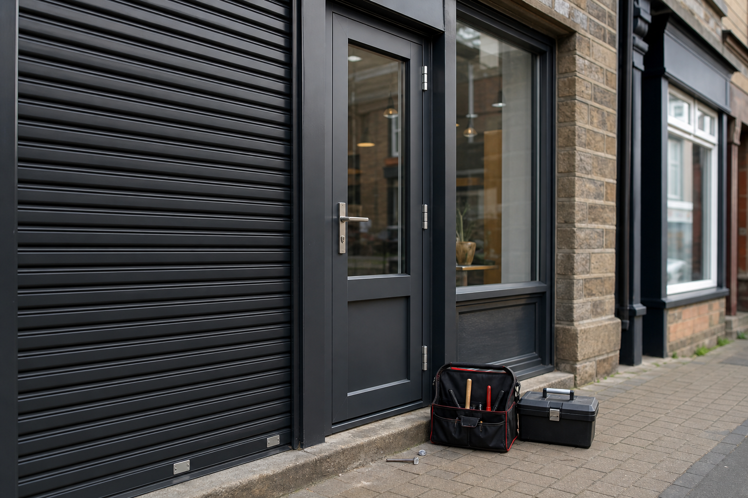 Small shop entrance with shutter and door hardware
