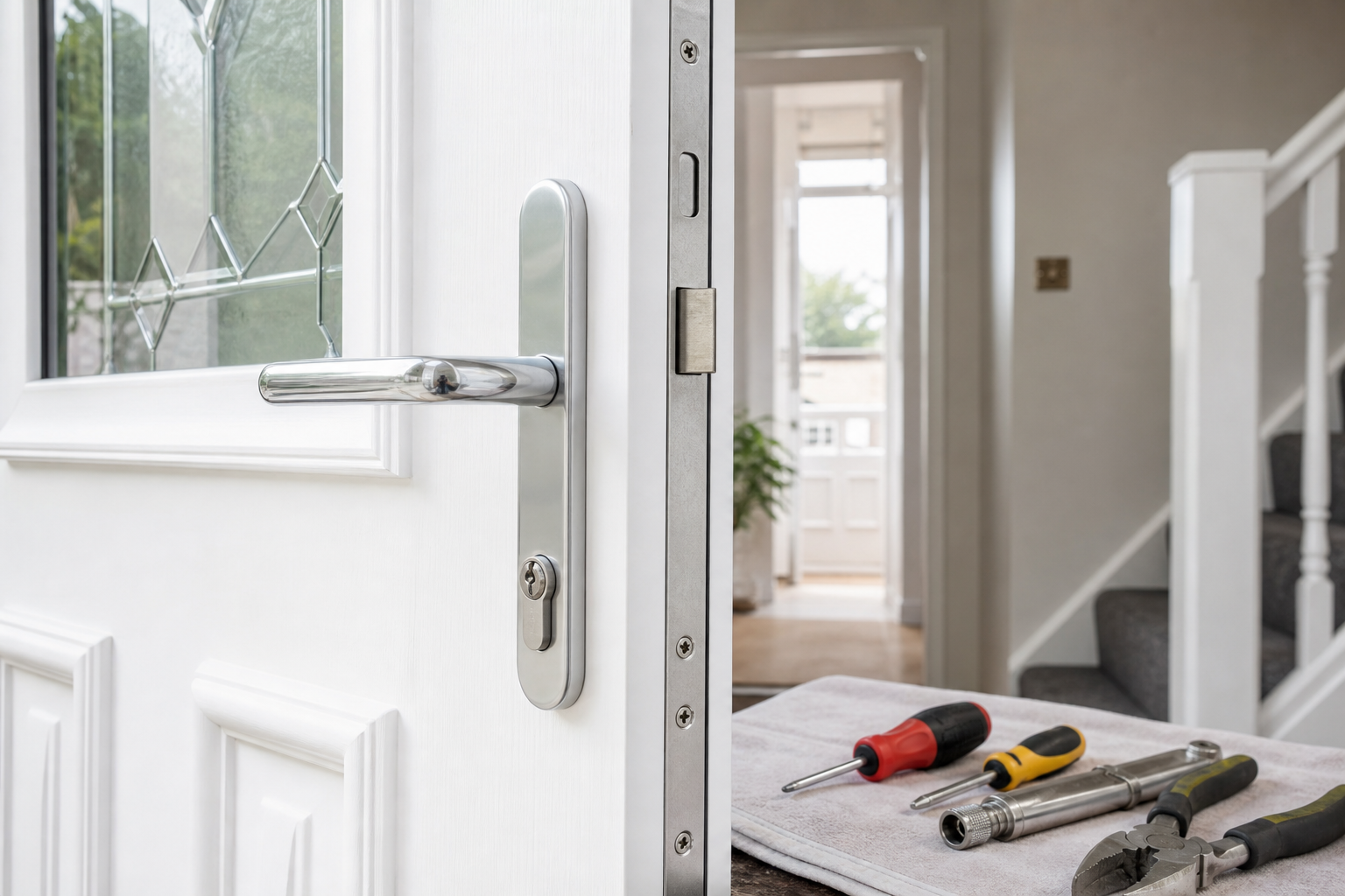 Clean uPVC door handle, cylinder and door edge hardware with tools nearby