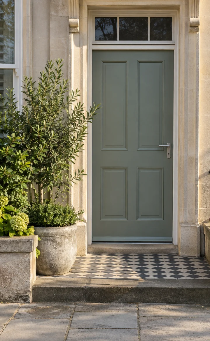 A quiet sage green doorway
