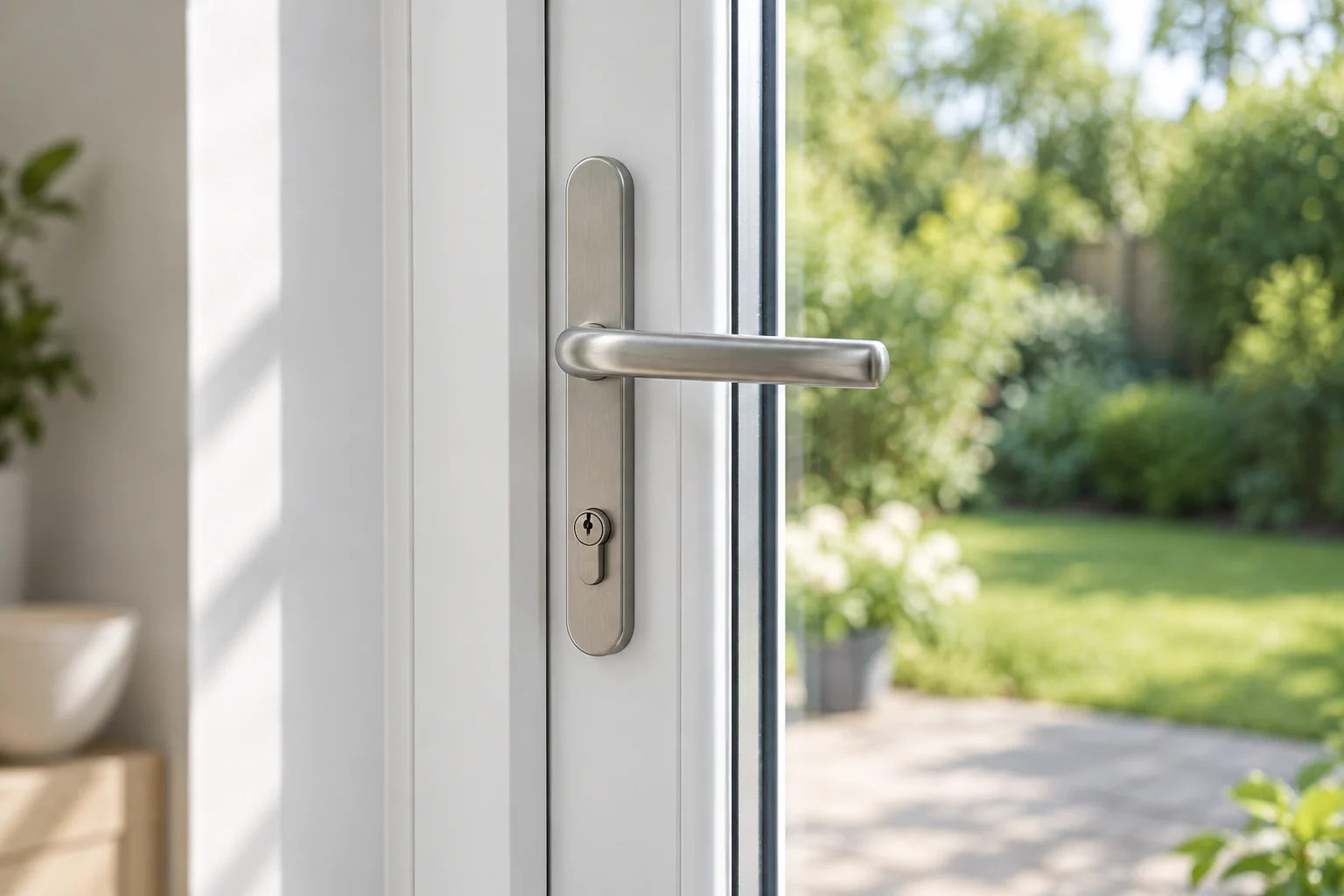 A brushed steel handle on a white glazed door