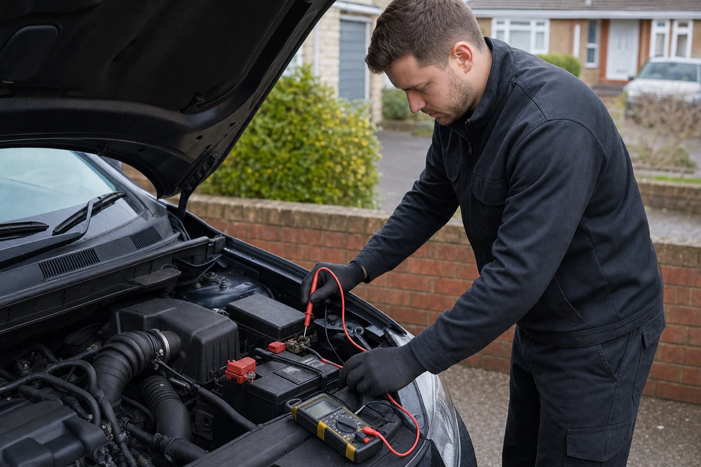 Mechanic testing a car battery on a driveway