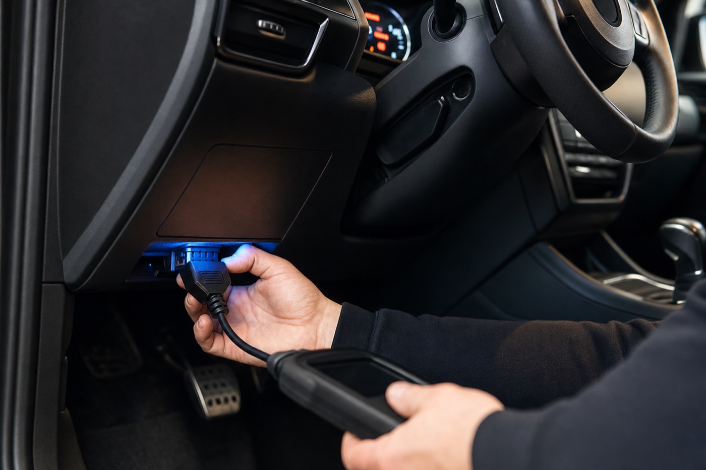 Mechanic connecting an OBD diagnostic cable inside a vehicle
