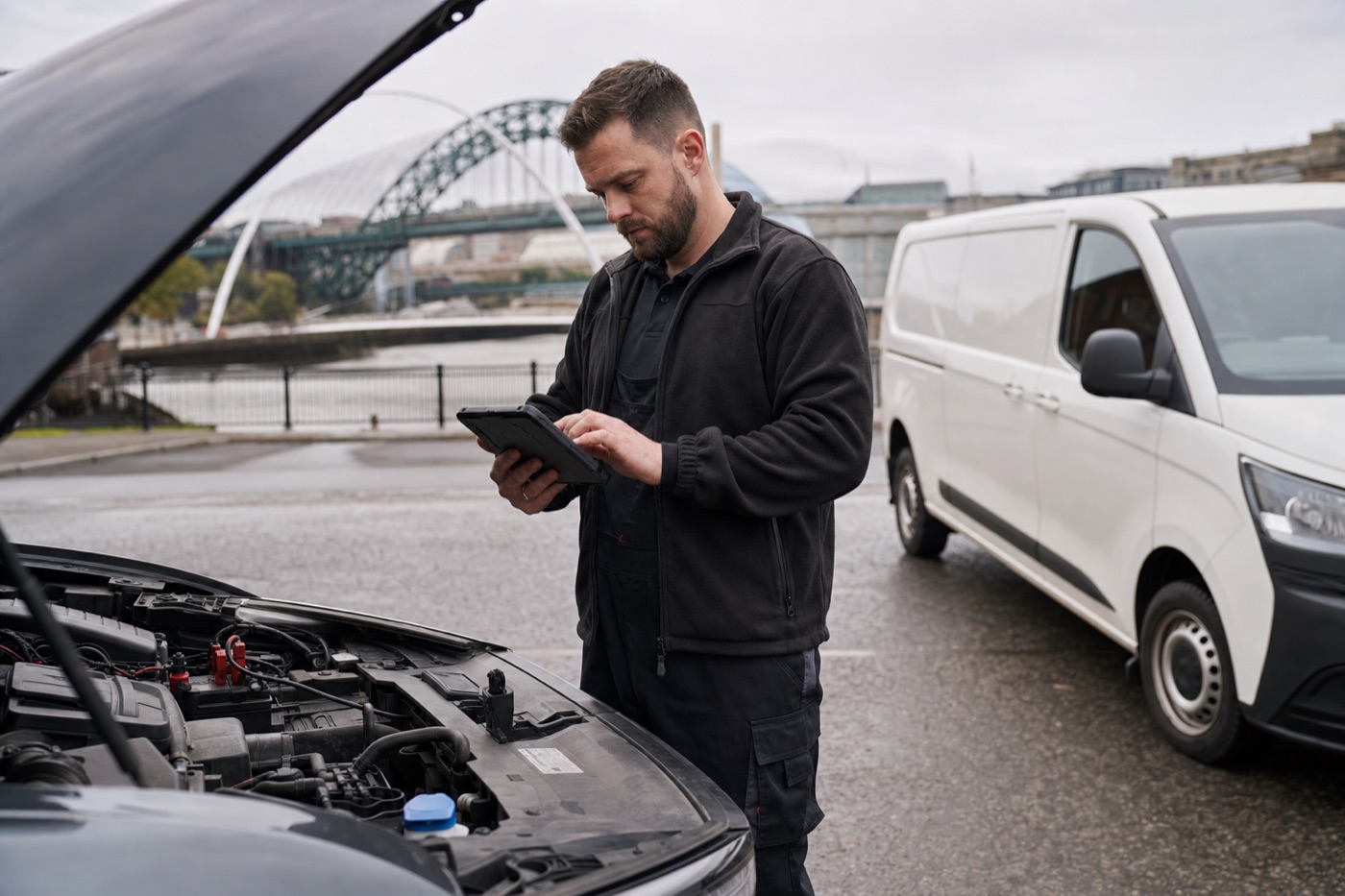 Unbranded mobile mechanic using a tablet beside an open bonnet in a North East workplace car park