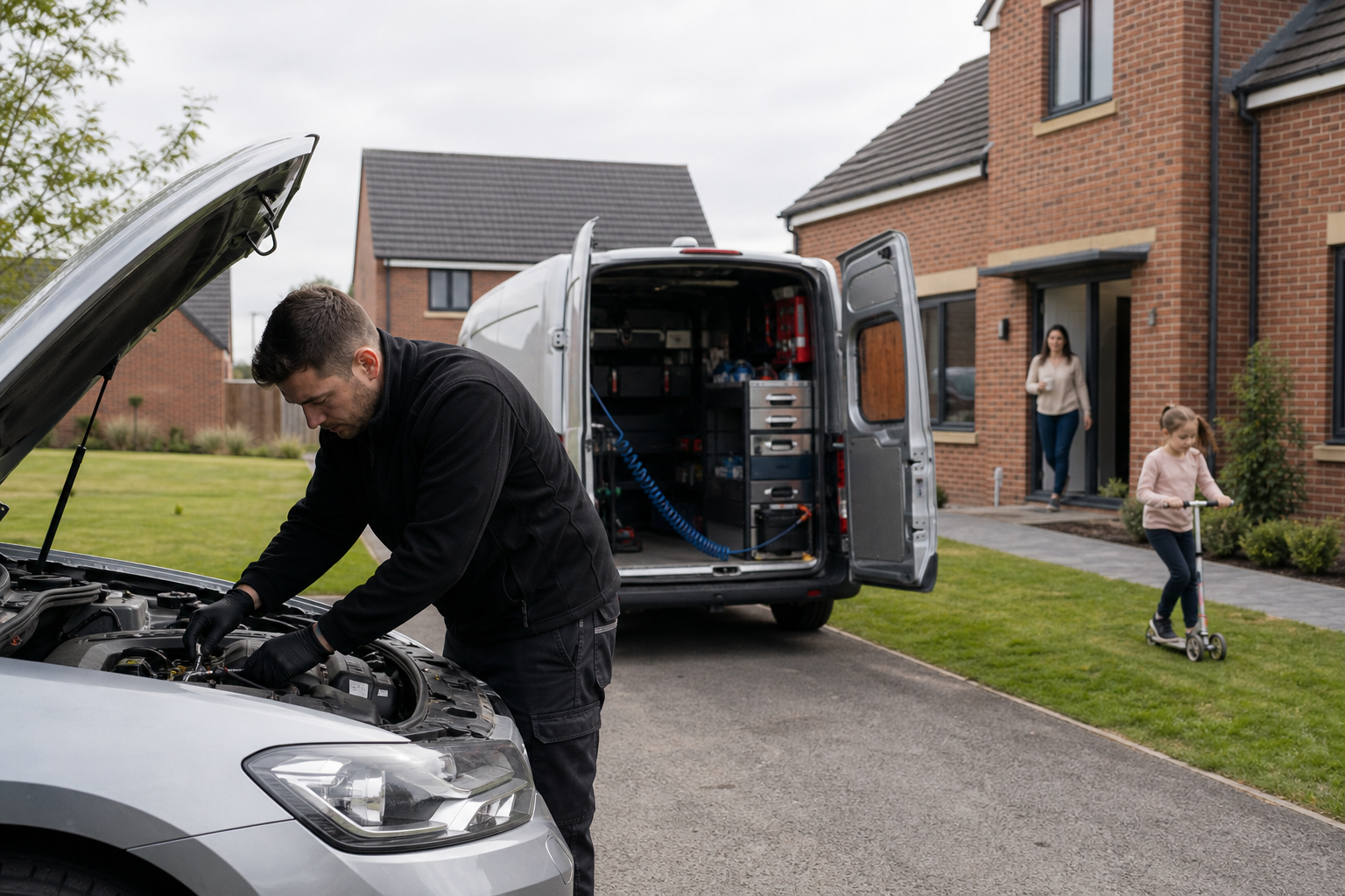 Mobile mechanic servicing a vehicle at a customer home