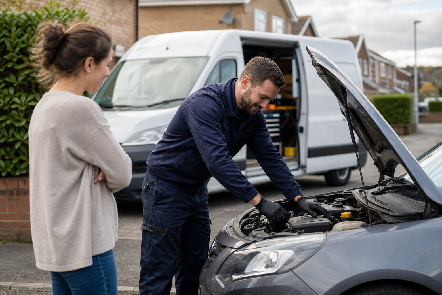 Mobile mechanic helping a customer with a car on their driveway