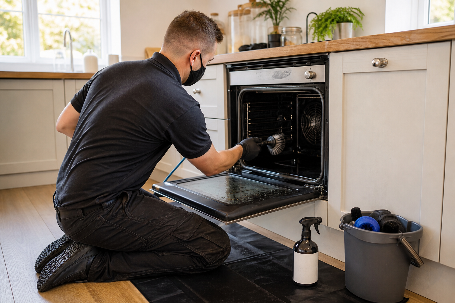 Oven-cleaning technician working in a kitchen with protective mat and blank product bottle