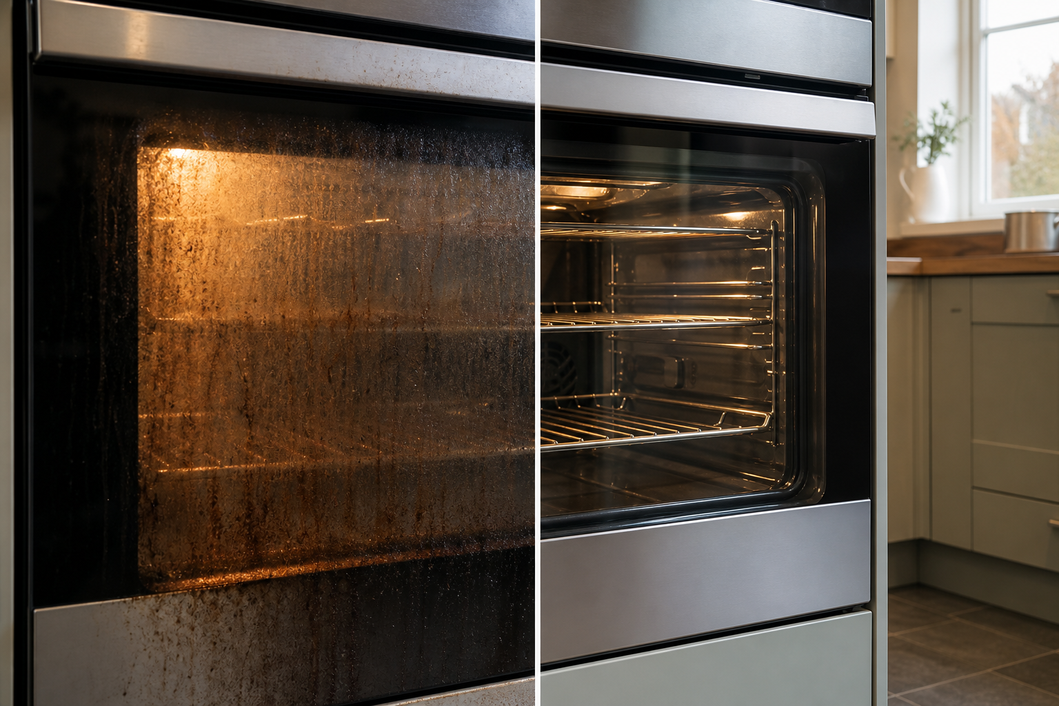 Before and after oven glass transformation, with dirty glass on the left and clean racks and glass on the right