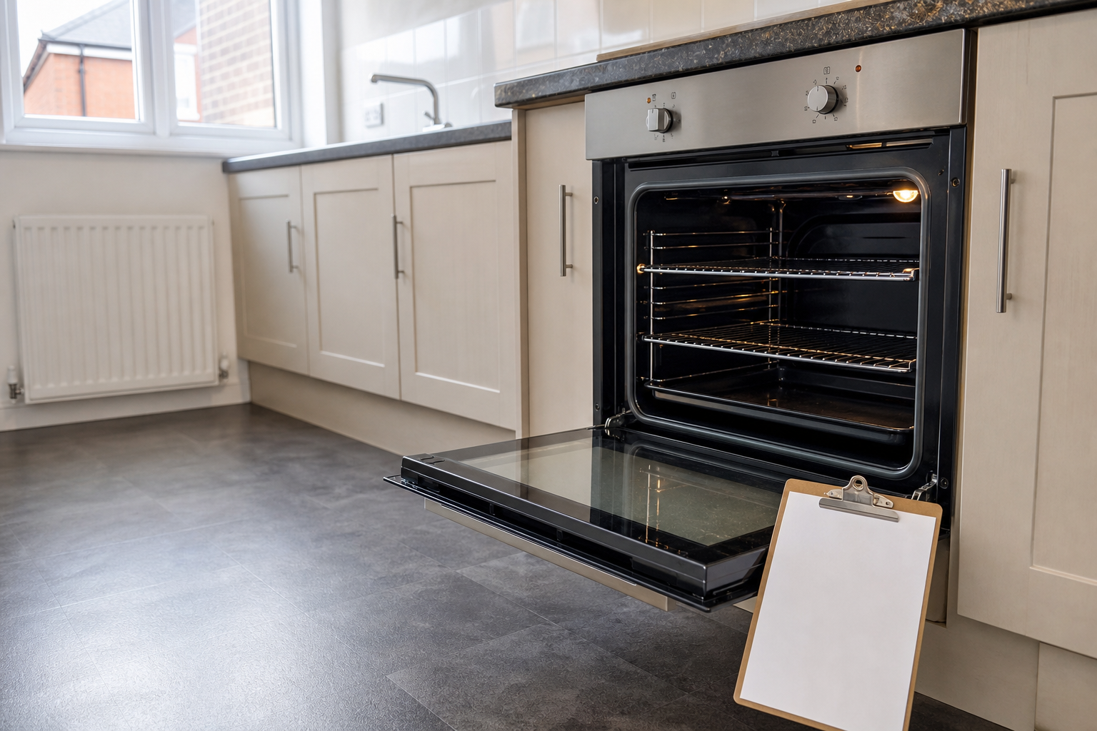 Clean oven in a modest empty rental kitchen with blank checklist clipboard