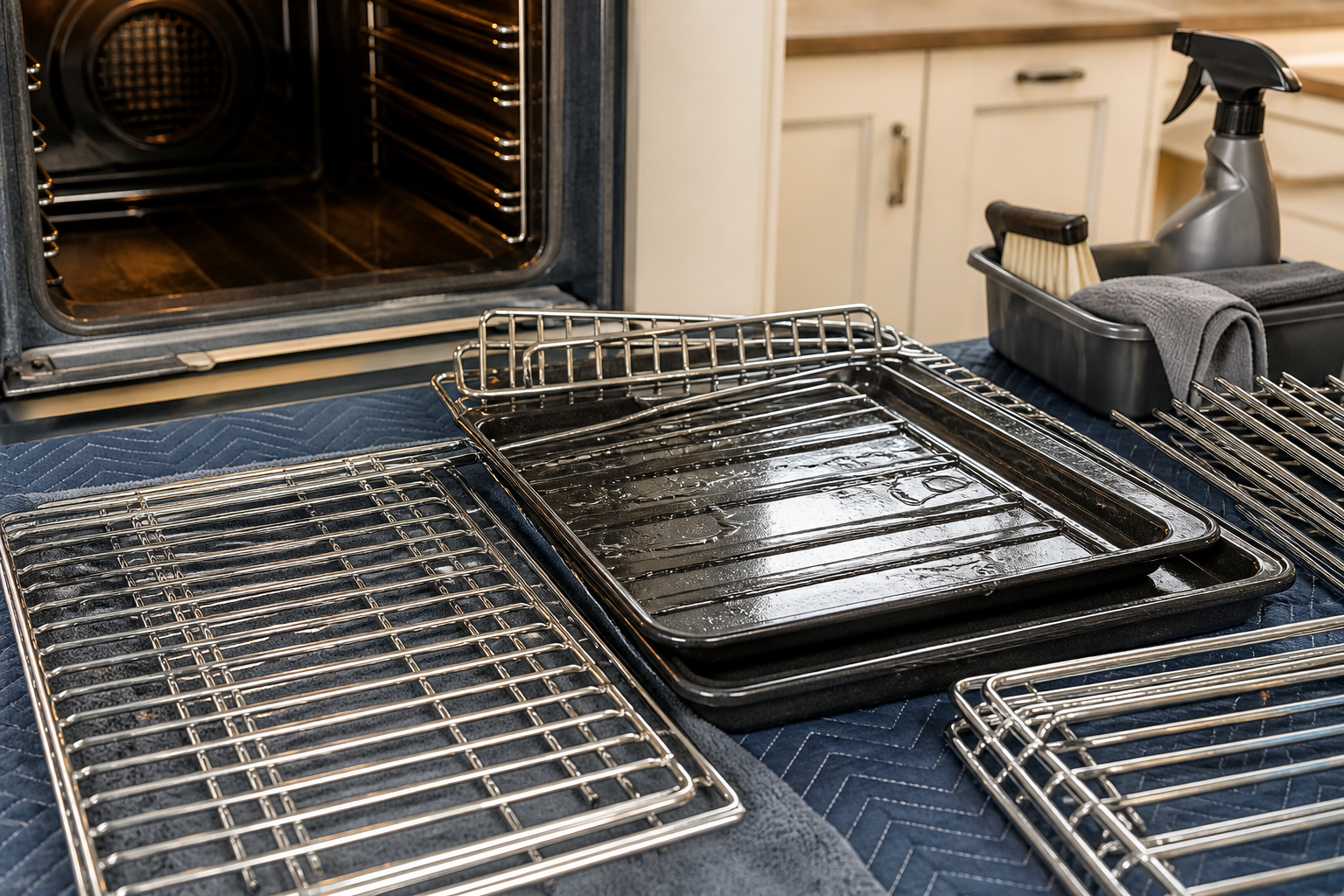 Clean oven racks and trays laid out on a protective mat