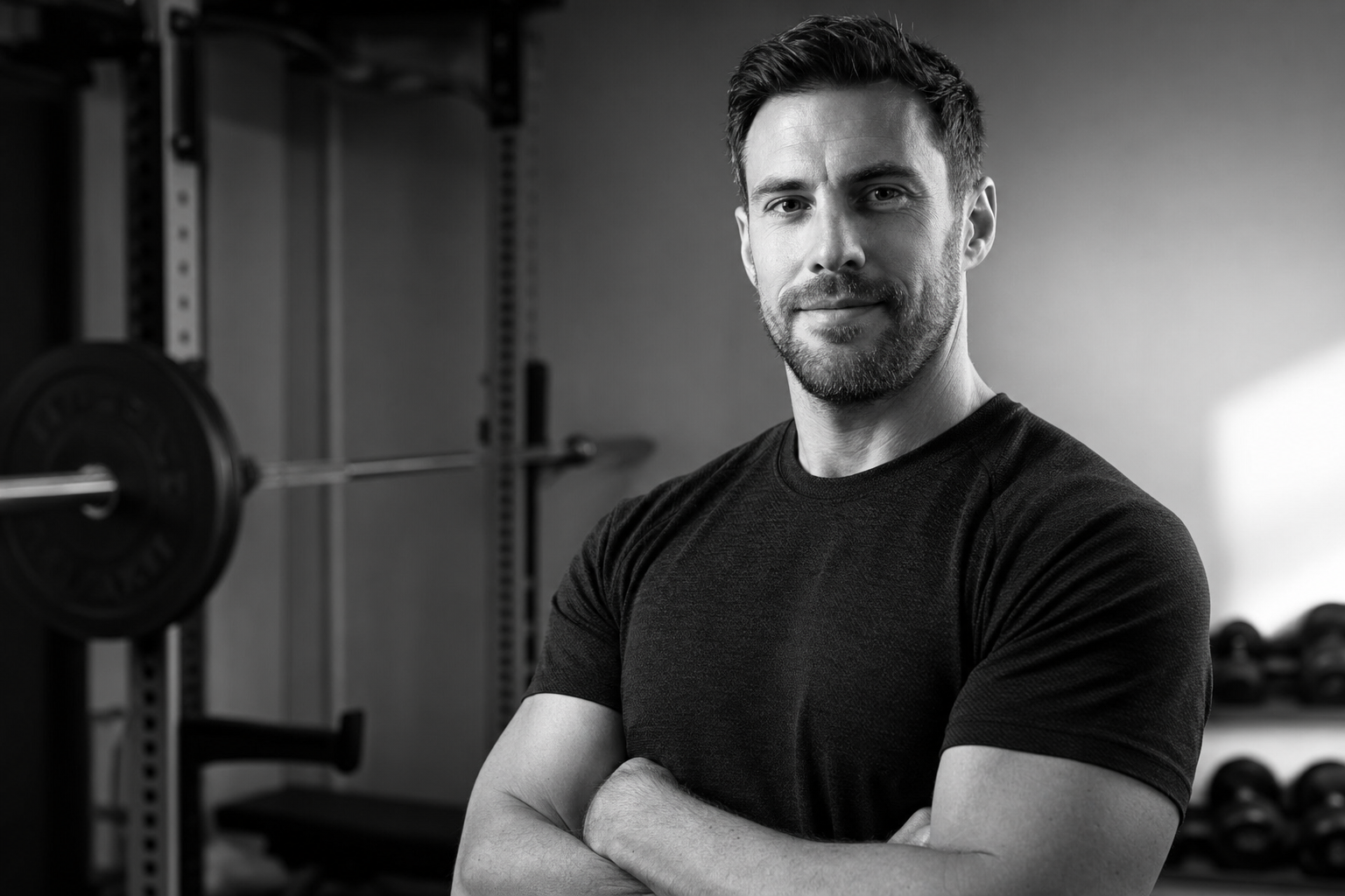 Fictional personal trainer portrait in a private gym