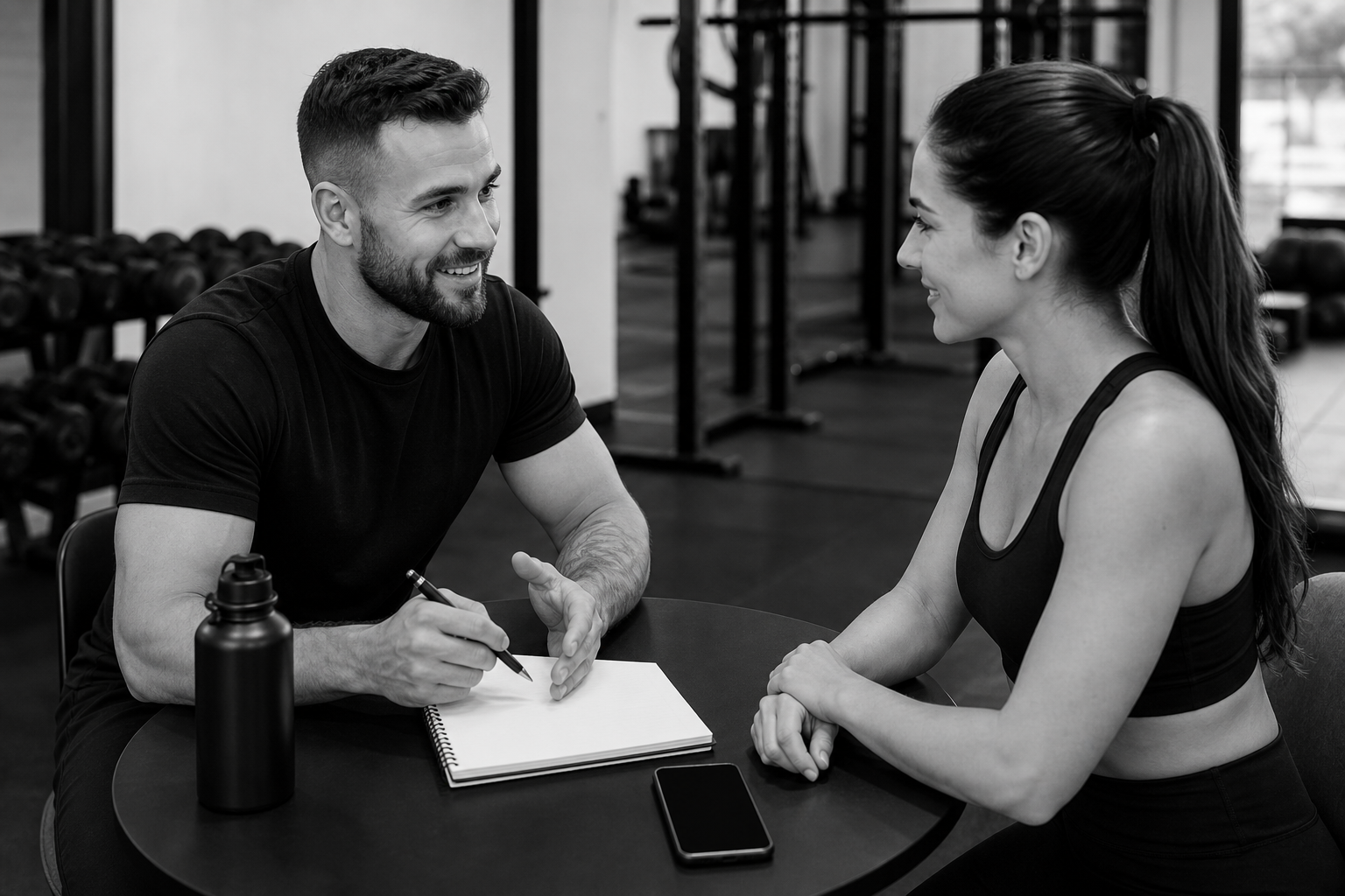 Personal trainer and client discussing goals at a consultation table