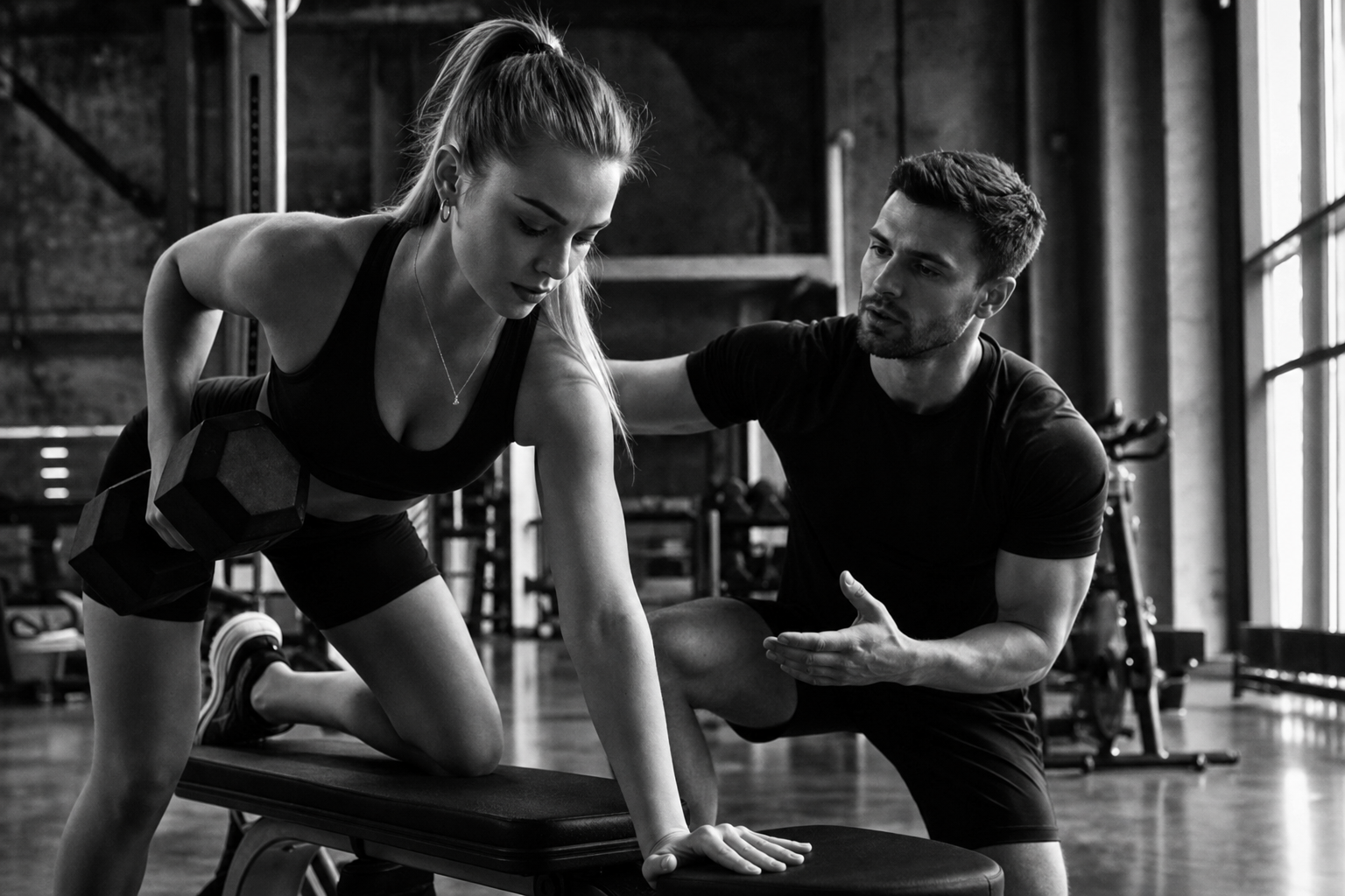 Personal trainer coaching a strength movement in a private urban gym