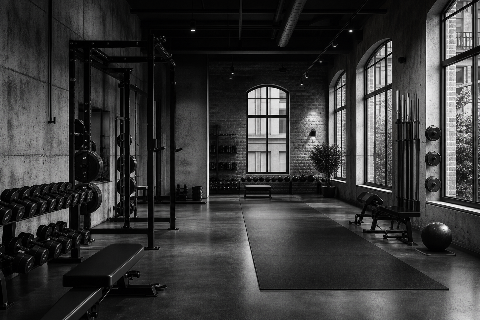 Private urban training studio with weights and open floor