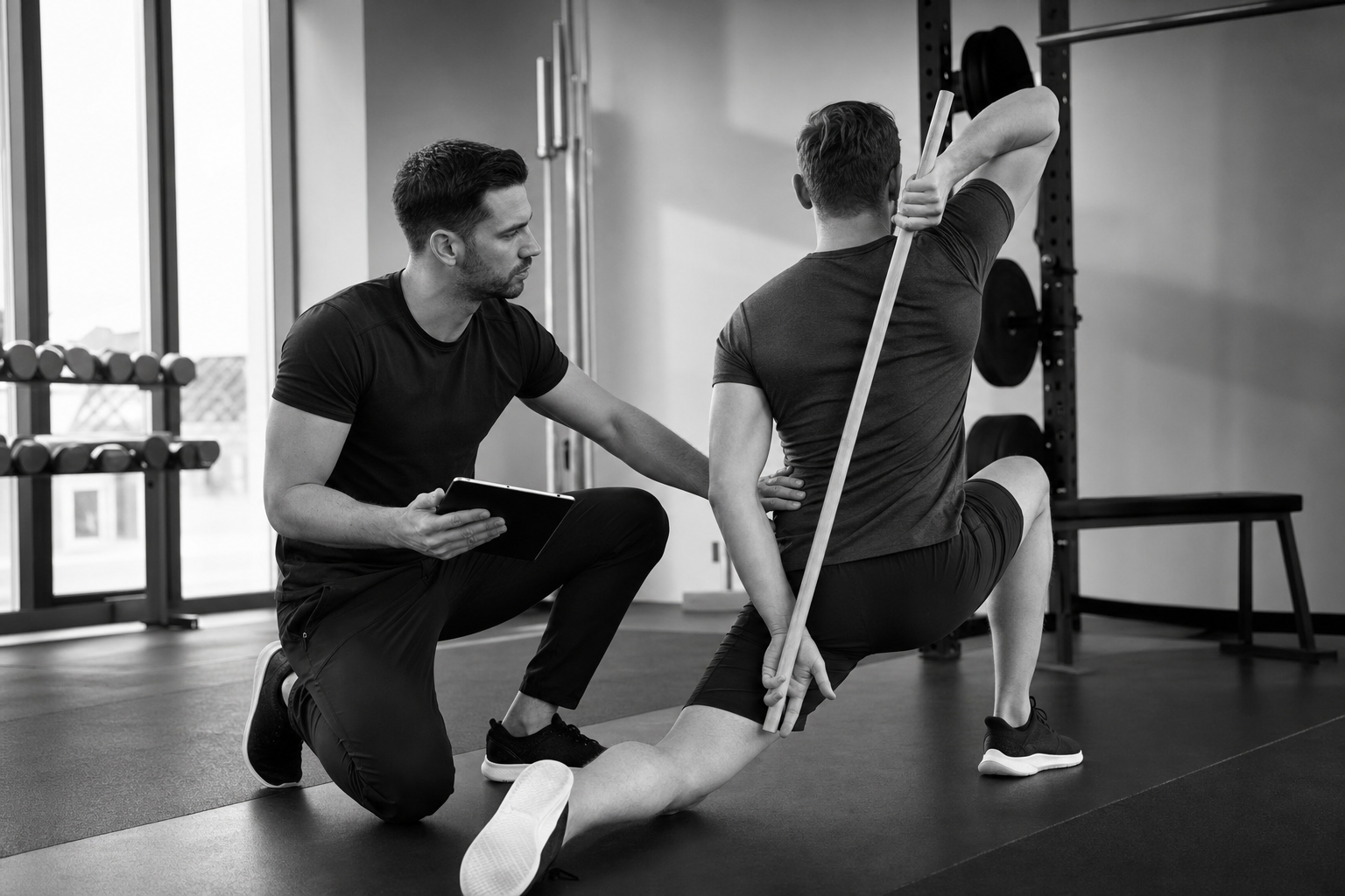 Personal trainer guiding a movement assessment in a private studio