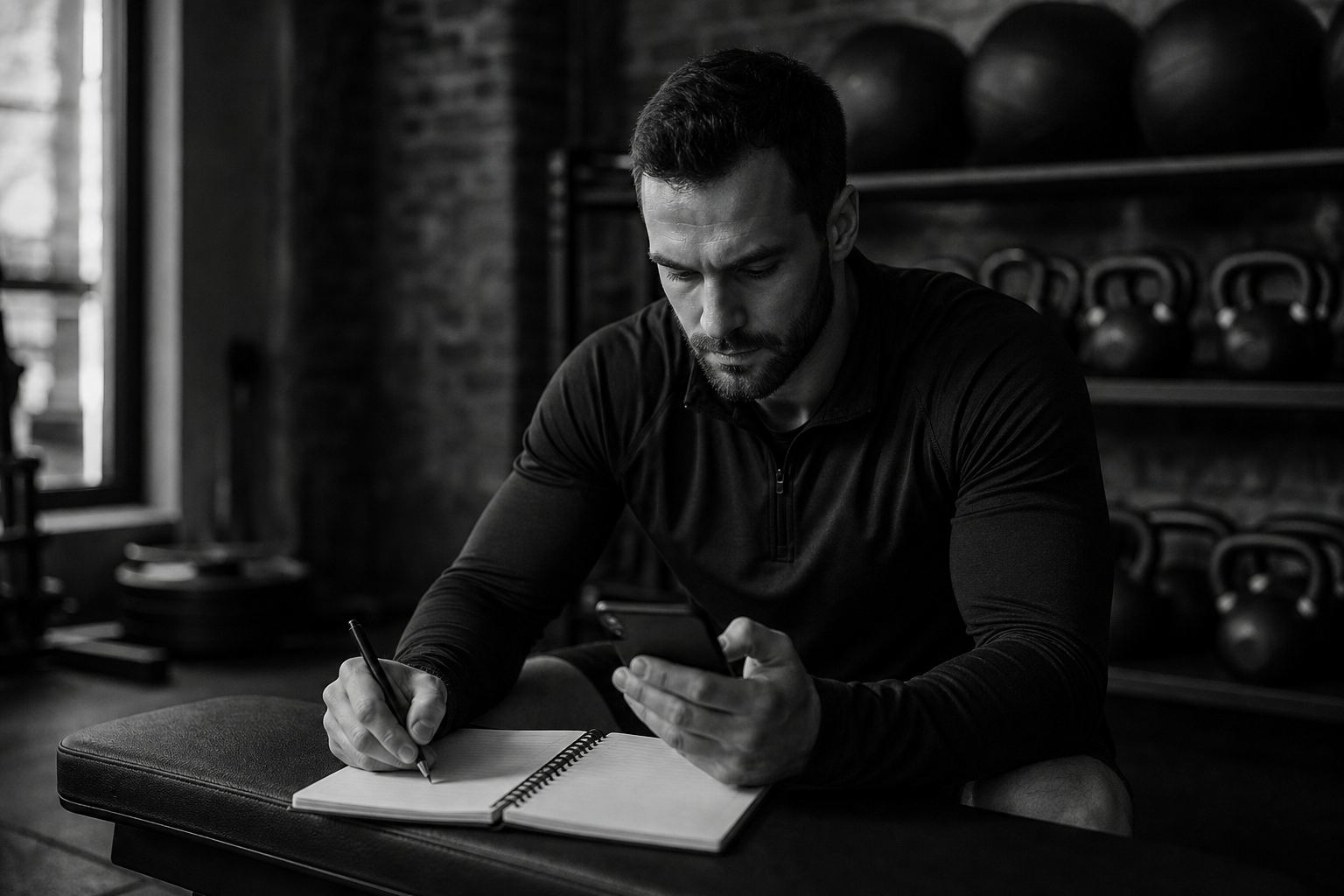 Coach reviewing a blank training plan and phone on a gym bench
