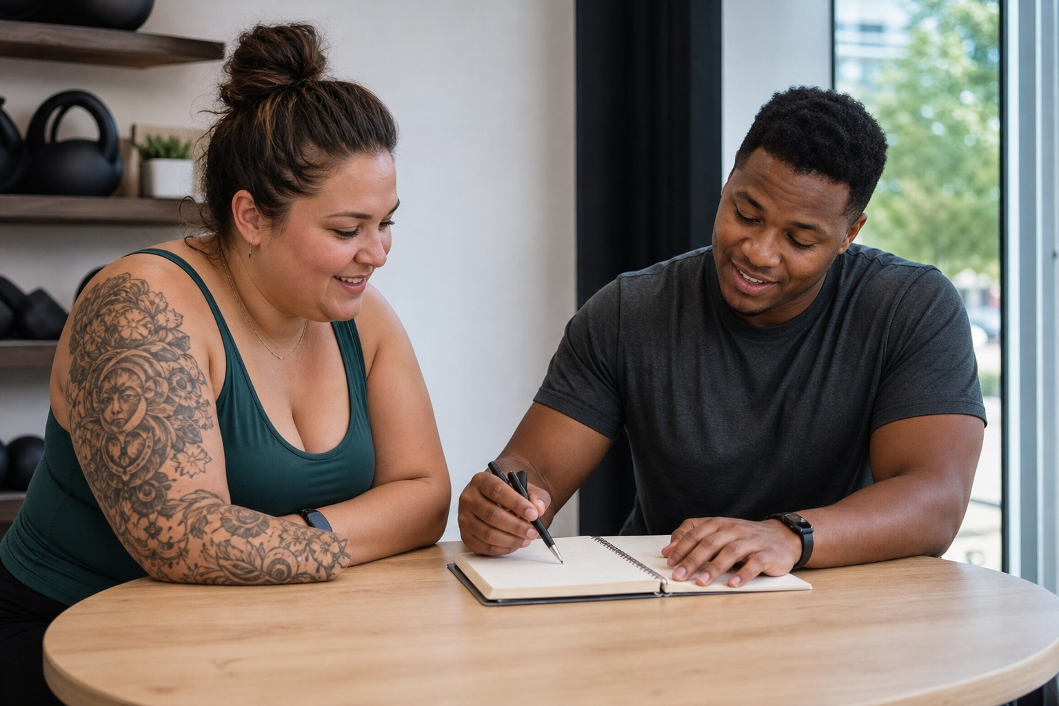 Coach and client reviewing goals in a calm private studio consultation