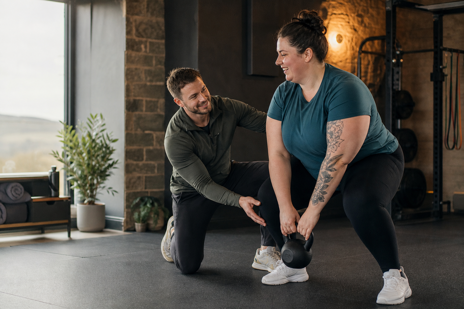 Supportive personal trainer coaching an adult client in a private studio