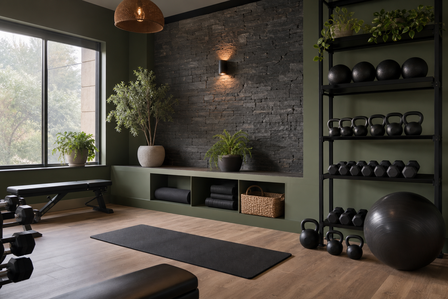 Warm private training studio with equipment, mat and calm window light