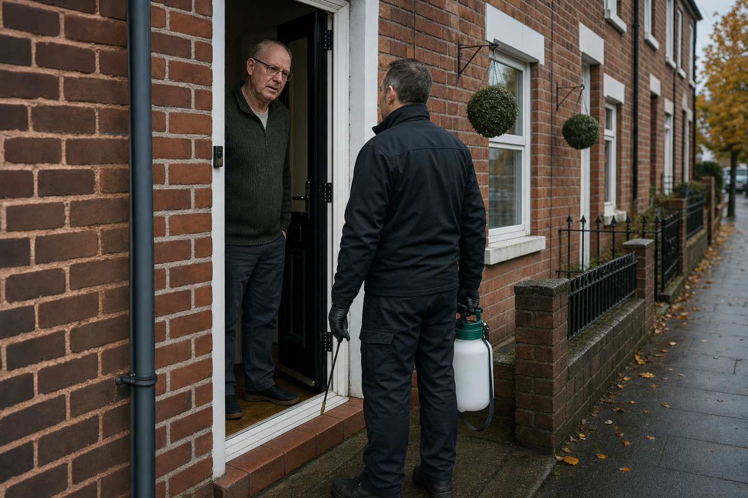 Discreet pest-control technician arriving at a North West brick home