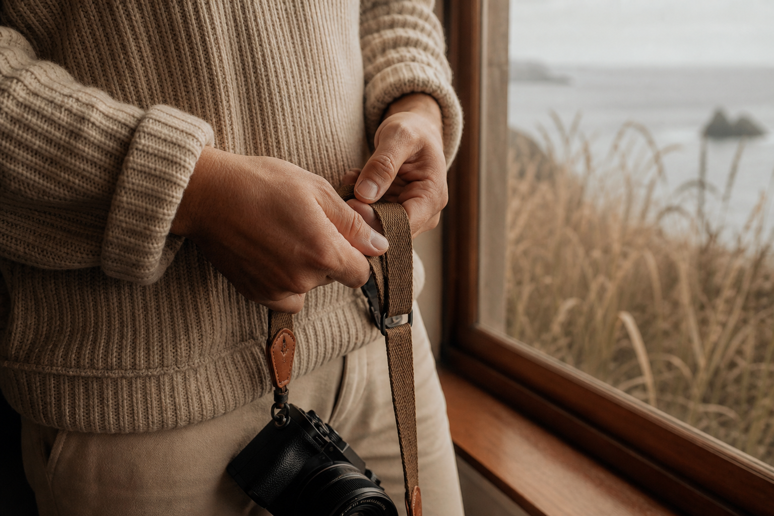 Photographer camera detail beside natural window light