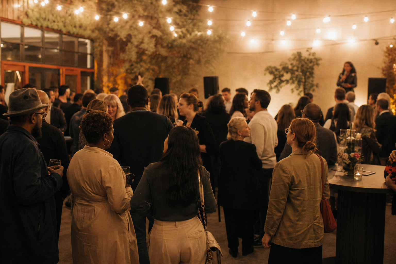 Warm event gathering with people mingling beneath soft lights