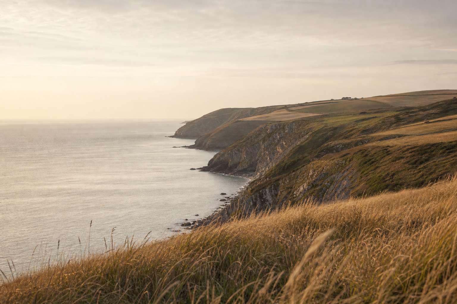 Quiet South West coastal landscape with cliffs and grasses